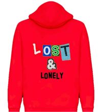 a red hoodie with the words lost and lonely on it