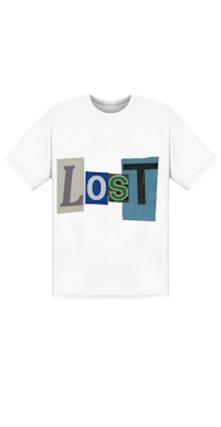 a white cropped t - shirt with the word lost on it