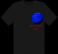 a black t - shirt with a blue planet on it