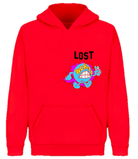 a red hoodie with the word lost on it